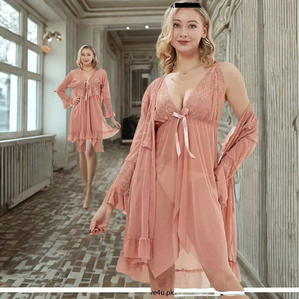 Maroon Net 3-Piece Short Nighty Set – Elegant Lace Nightwear with Robe