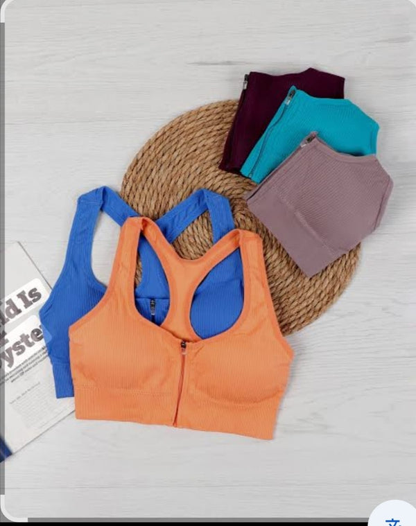Front Zip Ribbed Sports Bra for Women | High Support Racerback Active Bra
