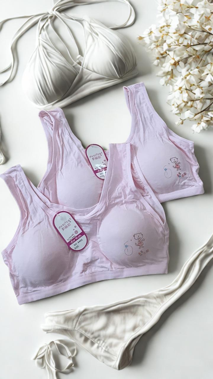 Pack of 2 Girls Training Bras with Removable Pads – Soft Cotton Wireless Beginner Bras for Teens