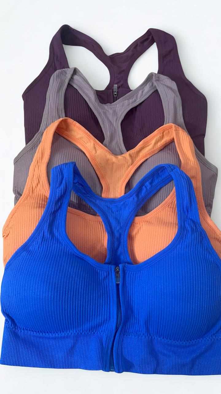 Front Zip Ribbed Sports Bra for Women | High Support Racerback Active Bra