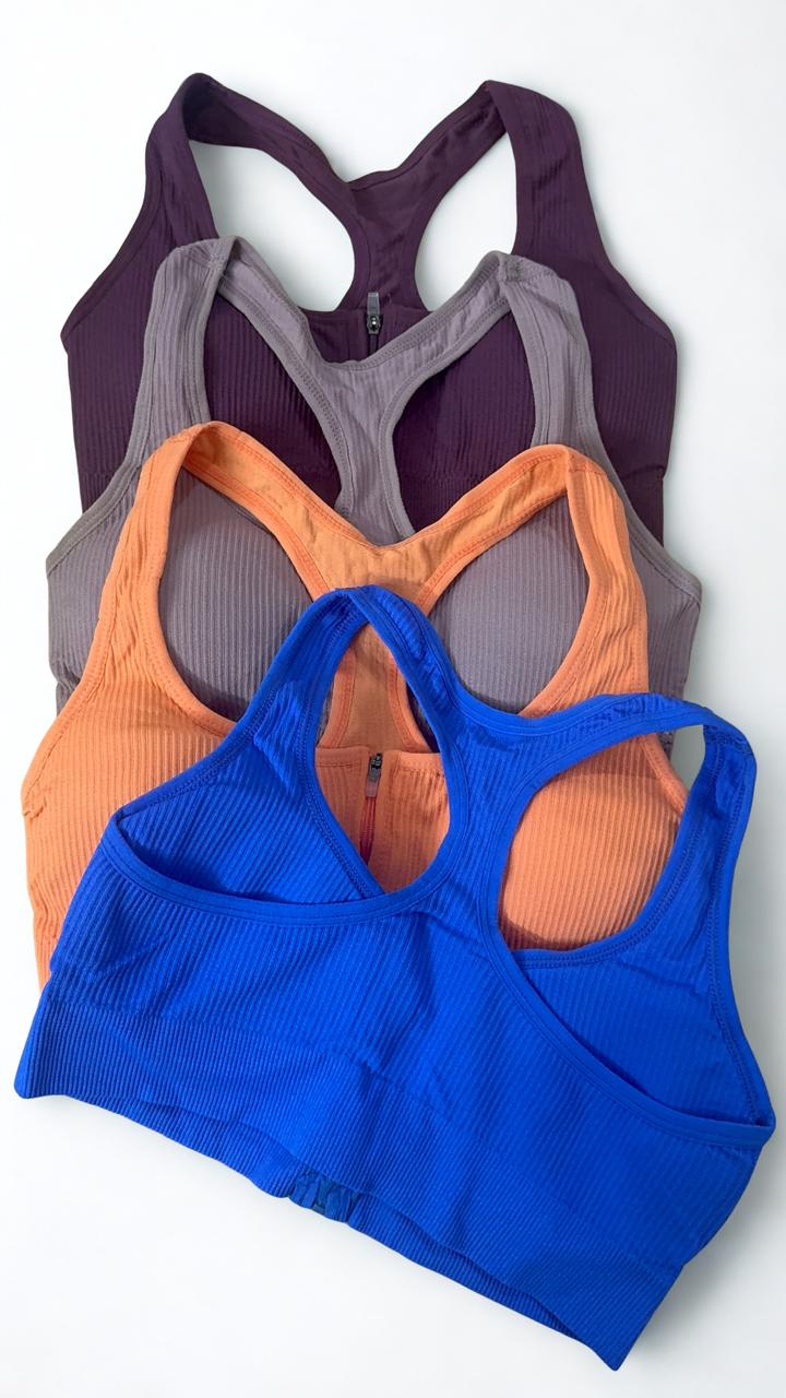 Front Zip Ribbed Sports Bra for Women | High Support Racerback Active Bra