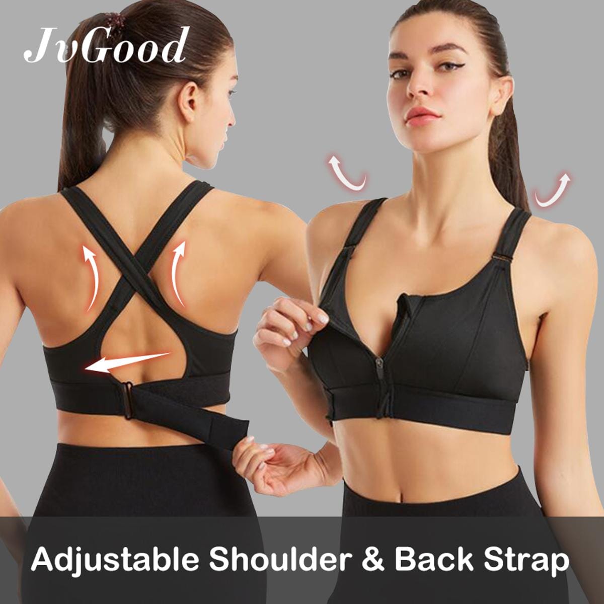 Women’s High Support Front Zip Sports Bra – Adjustable Cross Back