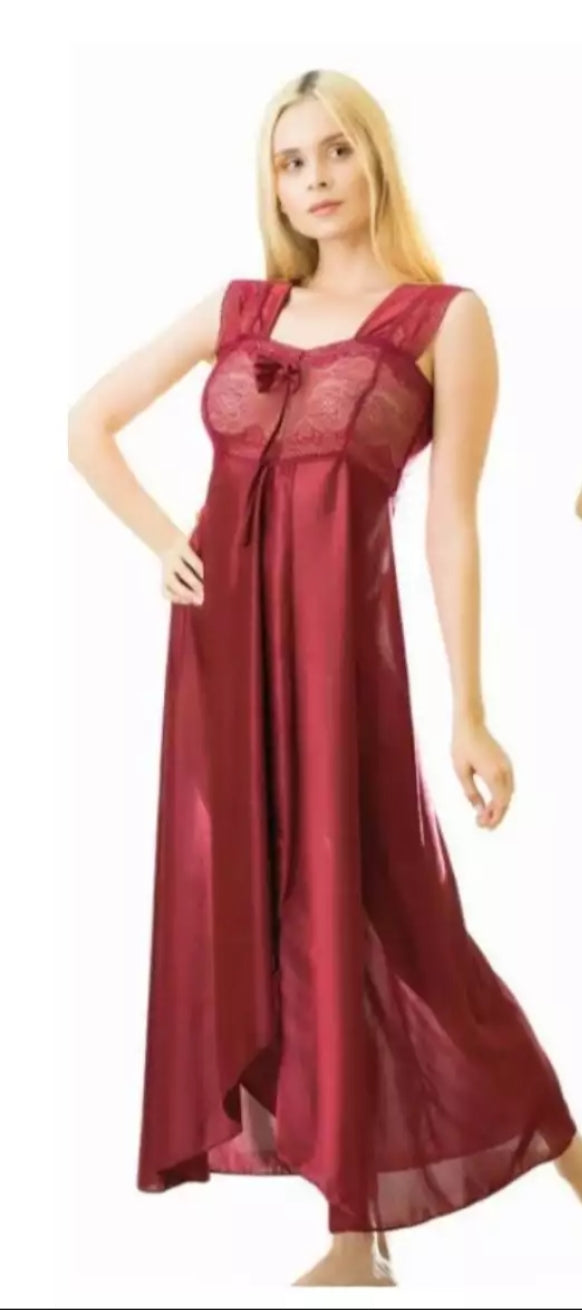 Silken Teal Sheer Lace Nighty – Asymmetrical Front Slit Long Nightwear | Free Size