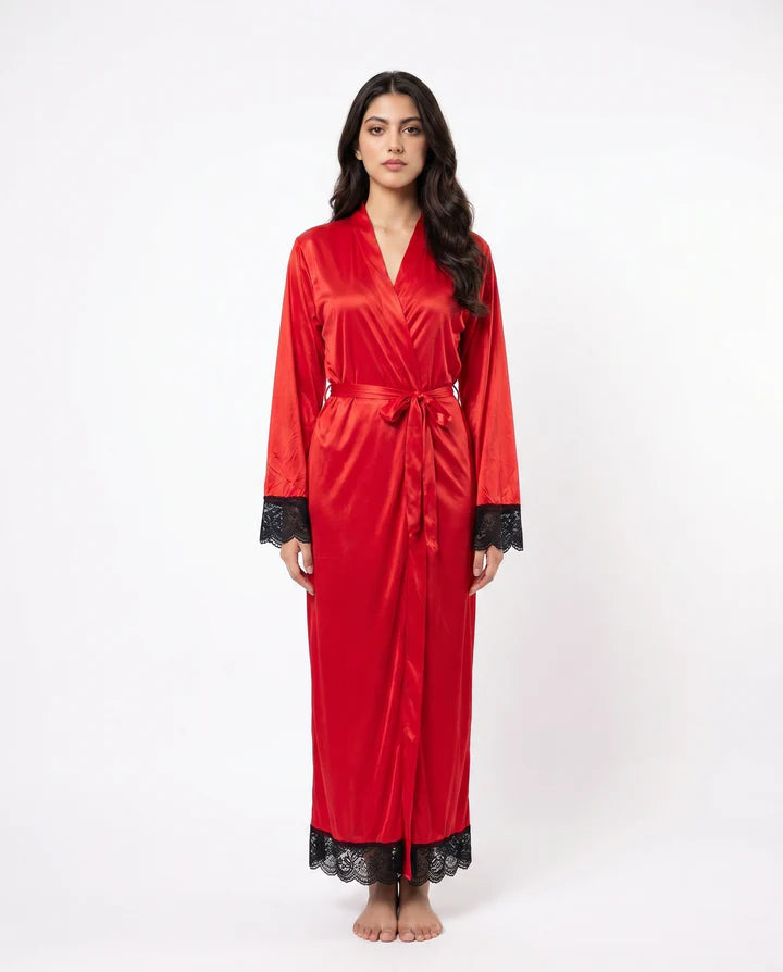Women’s Red Satin Gown Style Nighty with Lace – Long Nightwear Robe