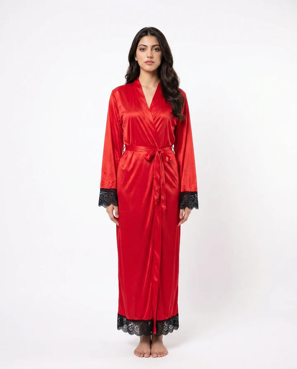 Women’s Red Satin Gown Style Nighty with Lace – Long Nightwear Robe