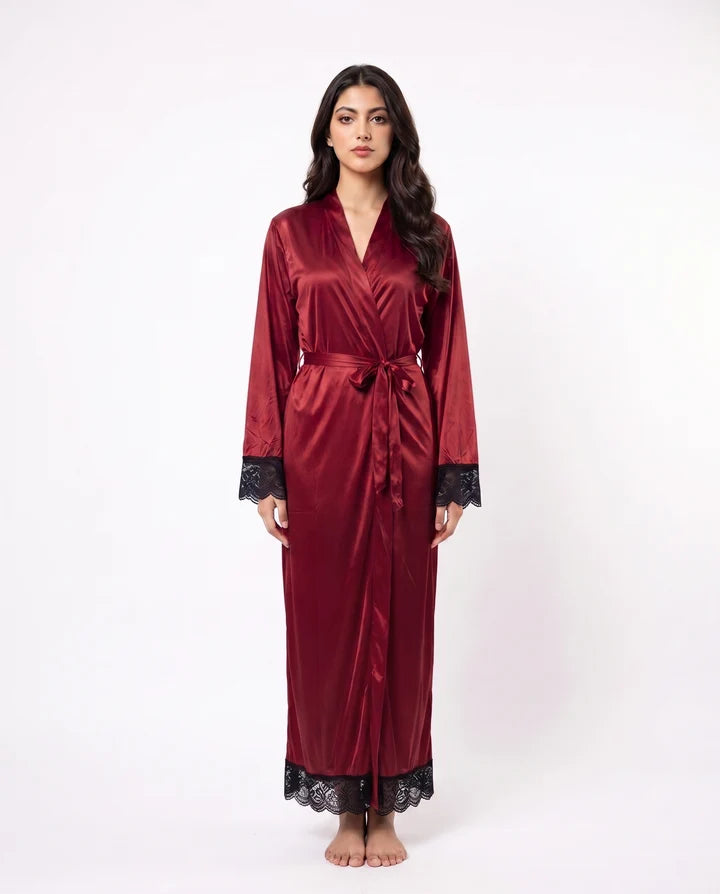 Women’s Red Satin Gown Style Nighty with Lace – Long Nightwear Robe