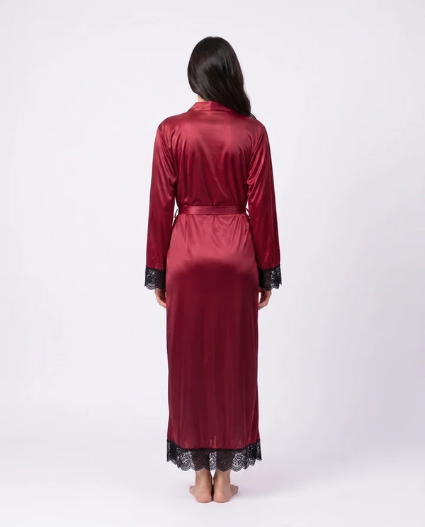 Women’s Red Satin Gown Style Nighty with Lace – Long Nightwear Robe