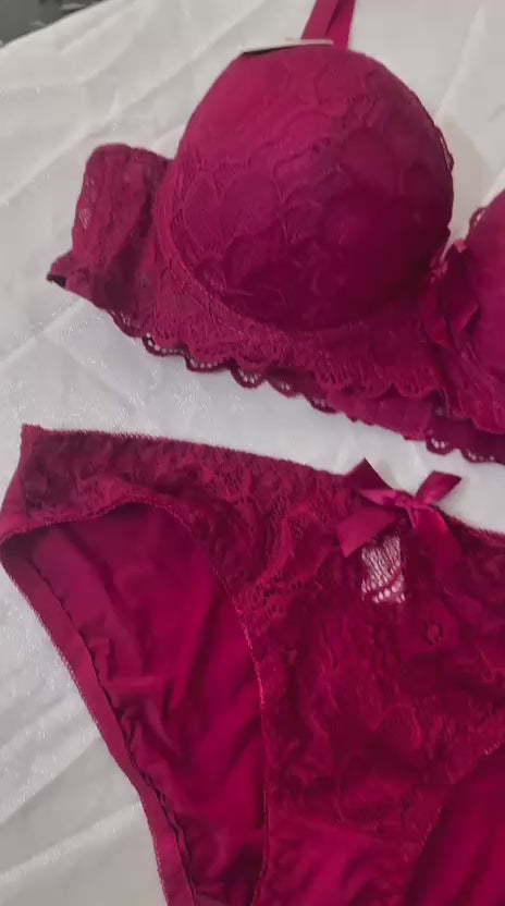 Bridal Lace Push-Up Bra & Panty Set – Maroon Color | Double Padded Ring Bra | Sizes 32B–38B | Luxury Wedding Lingerie